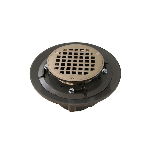 3inX4in Heavy Duty PVC Shower Drain with 3-1/2in Metal Spud and 5in Round Brushed Nickel Strainer